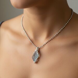 Green Fluorite Pendant Necklace With Artisan Metalwork Halo Bezel On Ball Chain